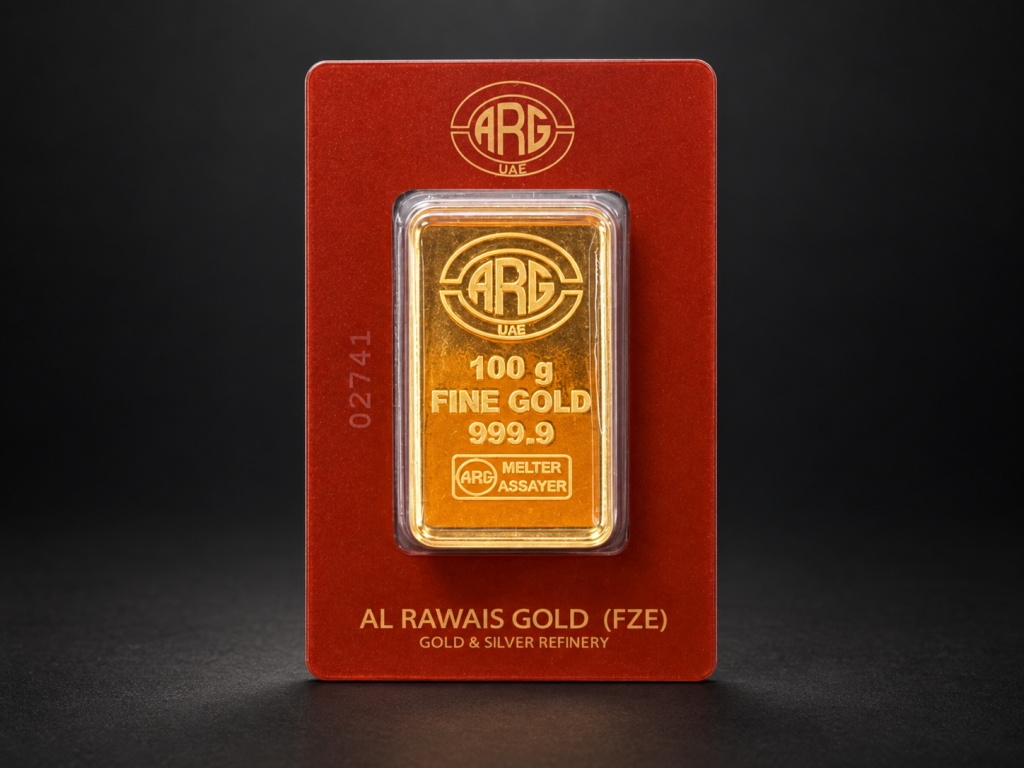 Illustrative packaged gold bar marked 100 grams
