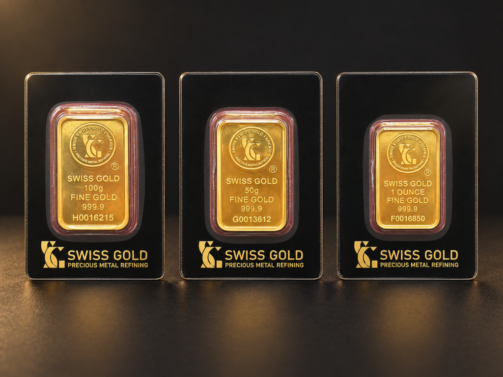 Illustrative comparison of packaged gold bars marked 100 grams, 50 grams and 1 ounce