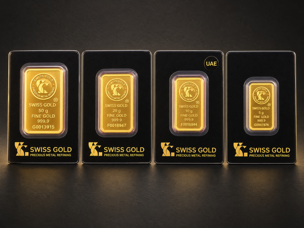 Illustrative comparison of packaged gold bars marked 50 grams, 20 grams, 10 grams and 5 grams