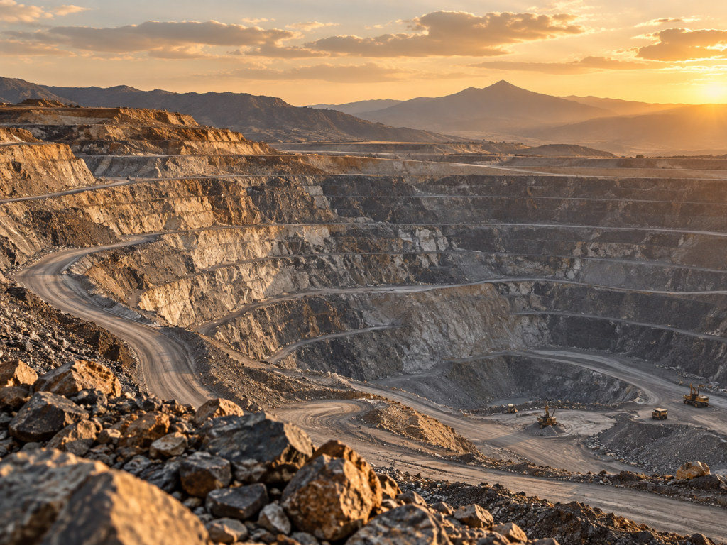 Second supplied illustrative open-pit mining landscape at sunset