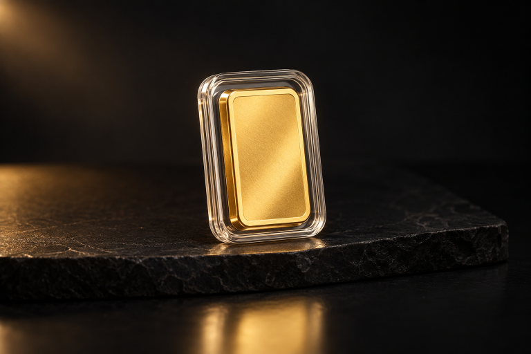 Premium unbranded gold-bar presentation for the 5 g catalogue type