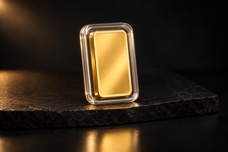 Premium unbranded gold-bar presentation for the 10 g catalogue type