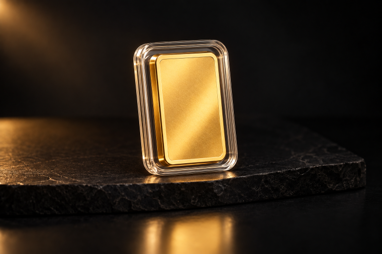 Premium unbranded gold-bar presentation for the 100 g catalogue type