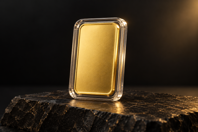 Premium unbranded gold-bar presentation for the 1 oz catalogue type