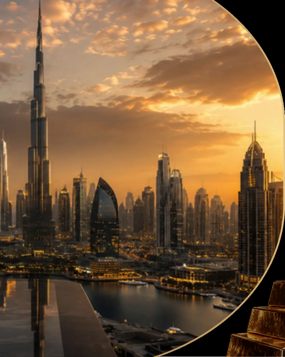 أفق دبي ليلاً ضمن خطوط معمارية ذهبية اللون